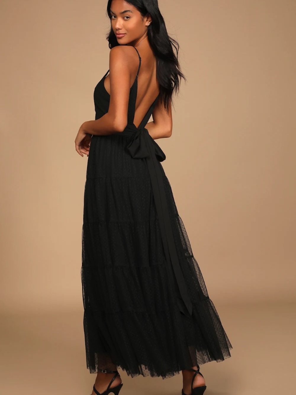 Lulus “Made to Be Magical” Black Dotted Tie-Back Tiered Midi Dress in size XL. - Picture 3 of 4